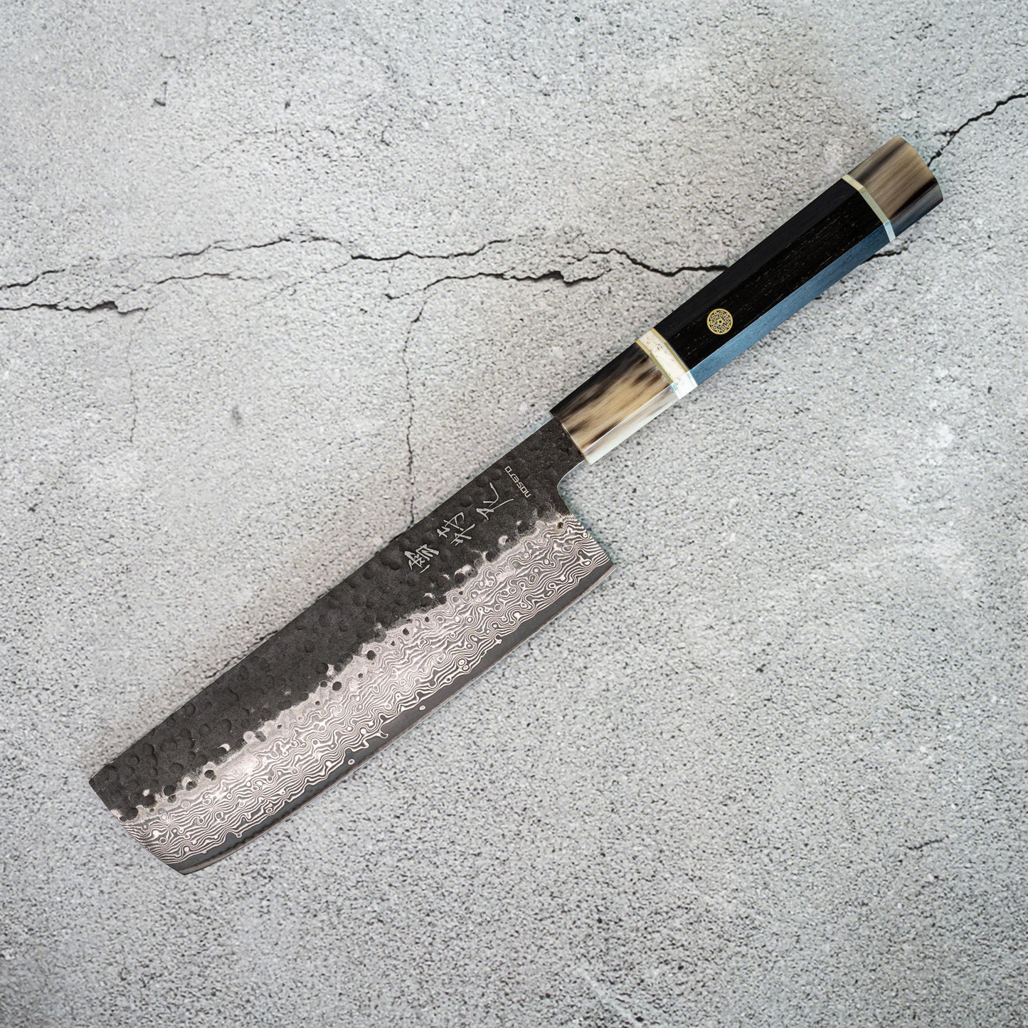 Noseto Vg10 67层大马士革Tsuchime饰面Nakiri 180毫米白色水牛角乌木