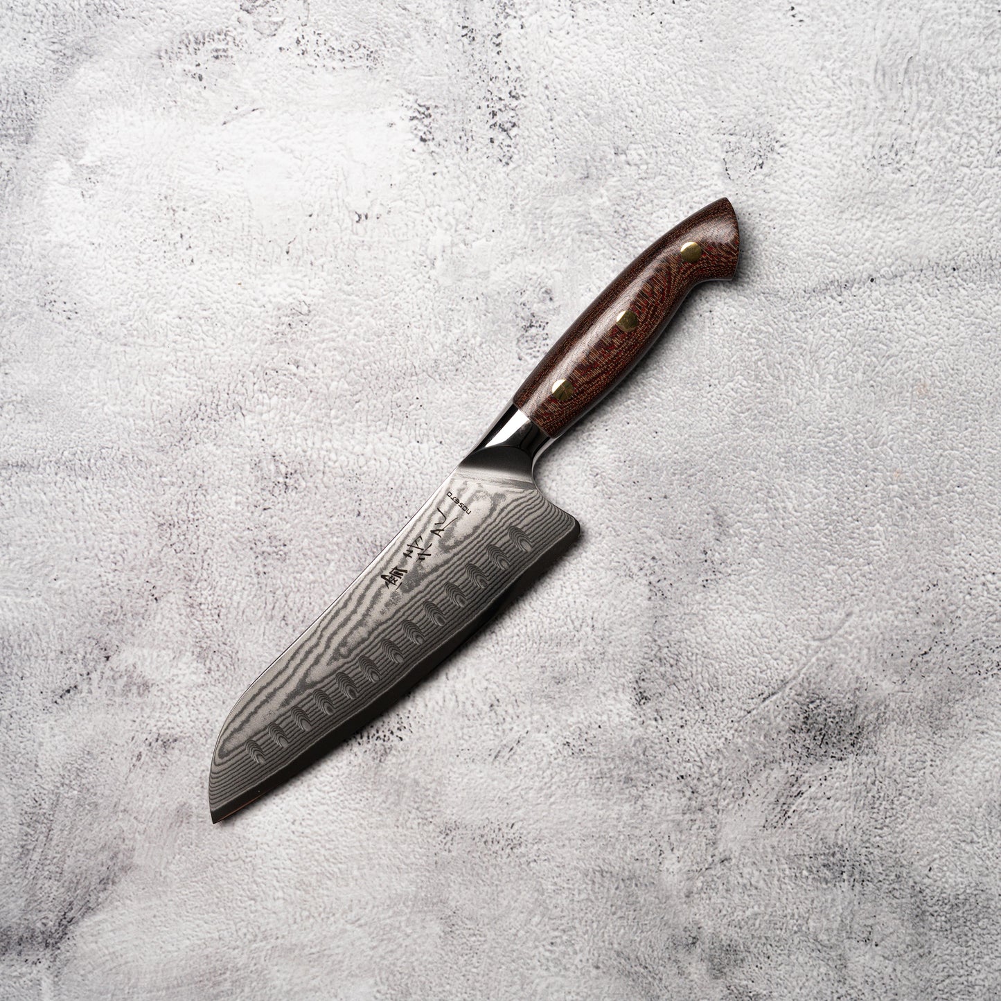 Noseto Toka Santoku 180mm 67 layers VG-10 Damascus Steel with Micarta + Copper Rivets Handle