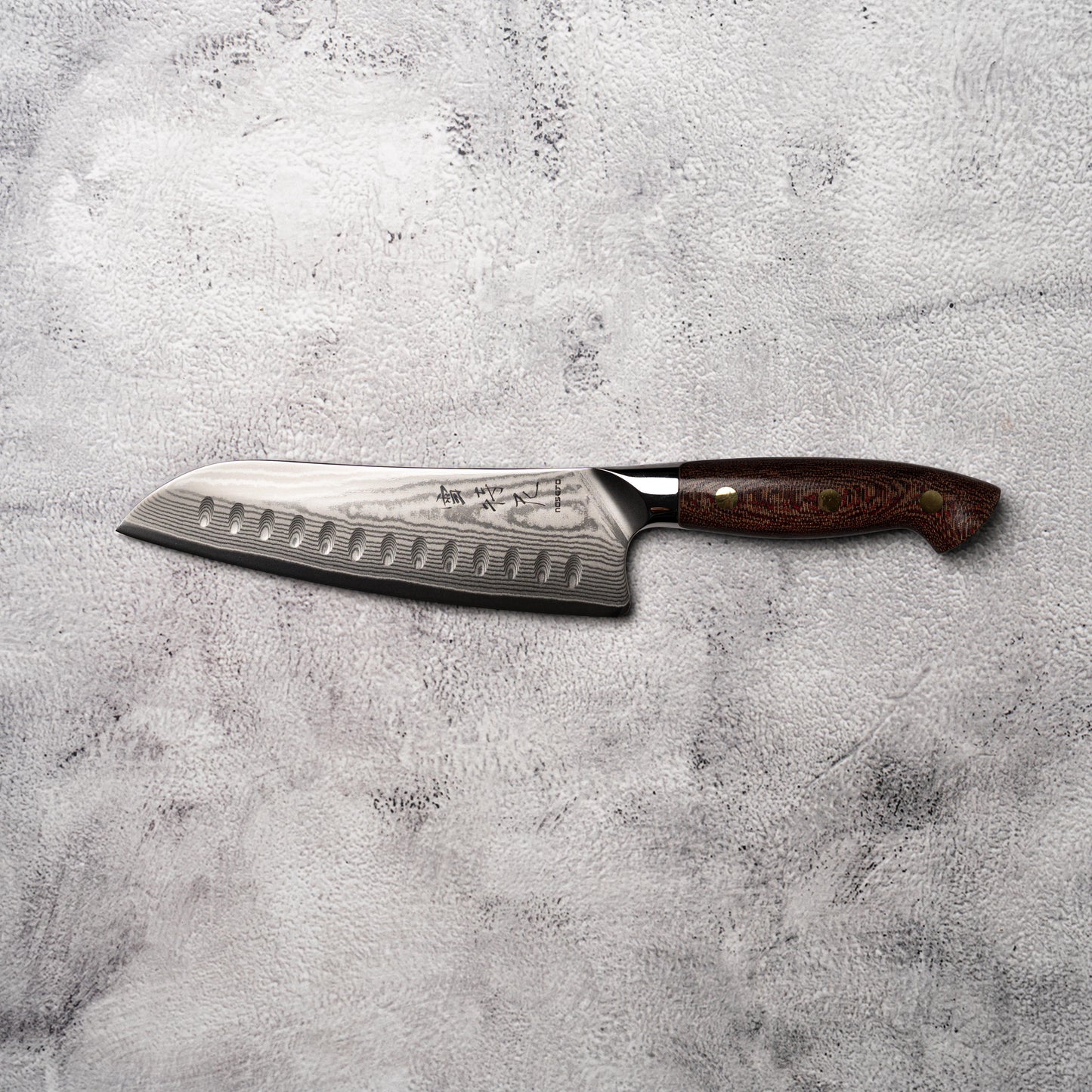 Noseto Toka Santoku 180mm 67 layers VG-10 Damascus Steel with Micarta + Copper Rivets Handle