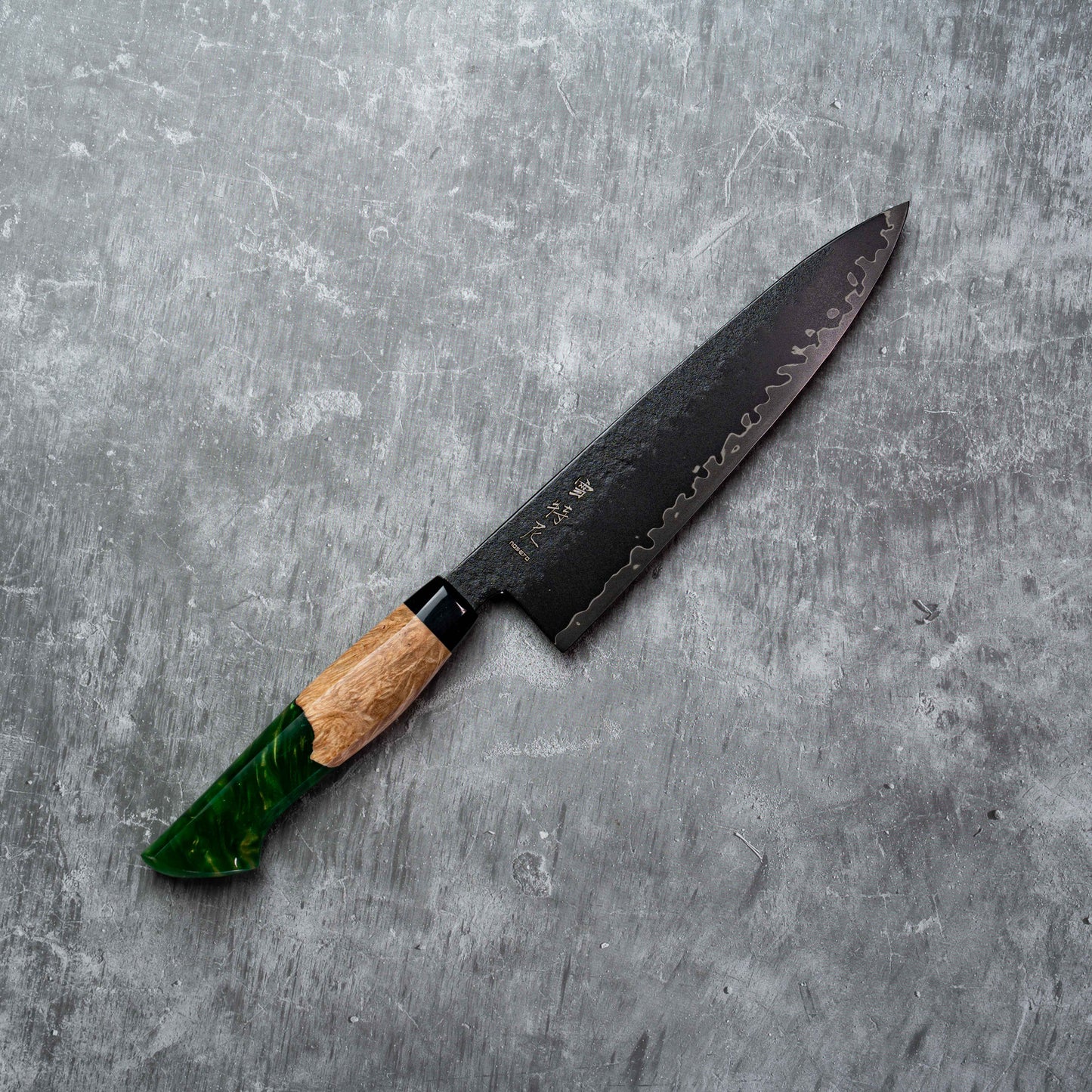 Noseto Arai Gyuto 210mm 3层黑色染色MD606粉末钢芯,带树脂和稳定木材