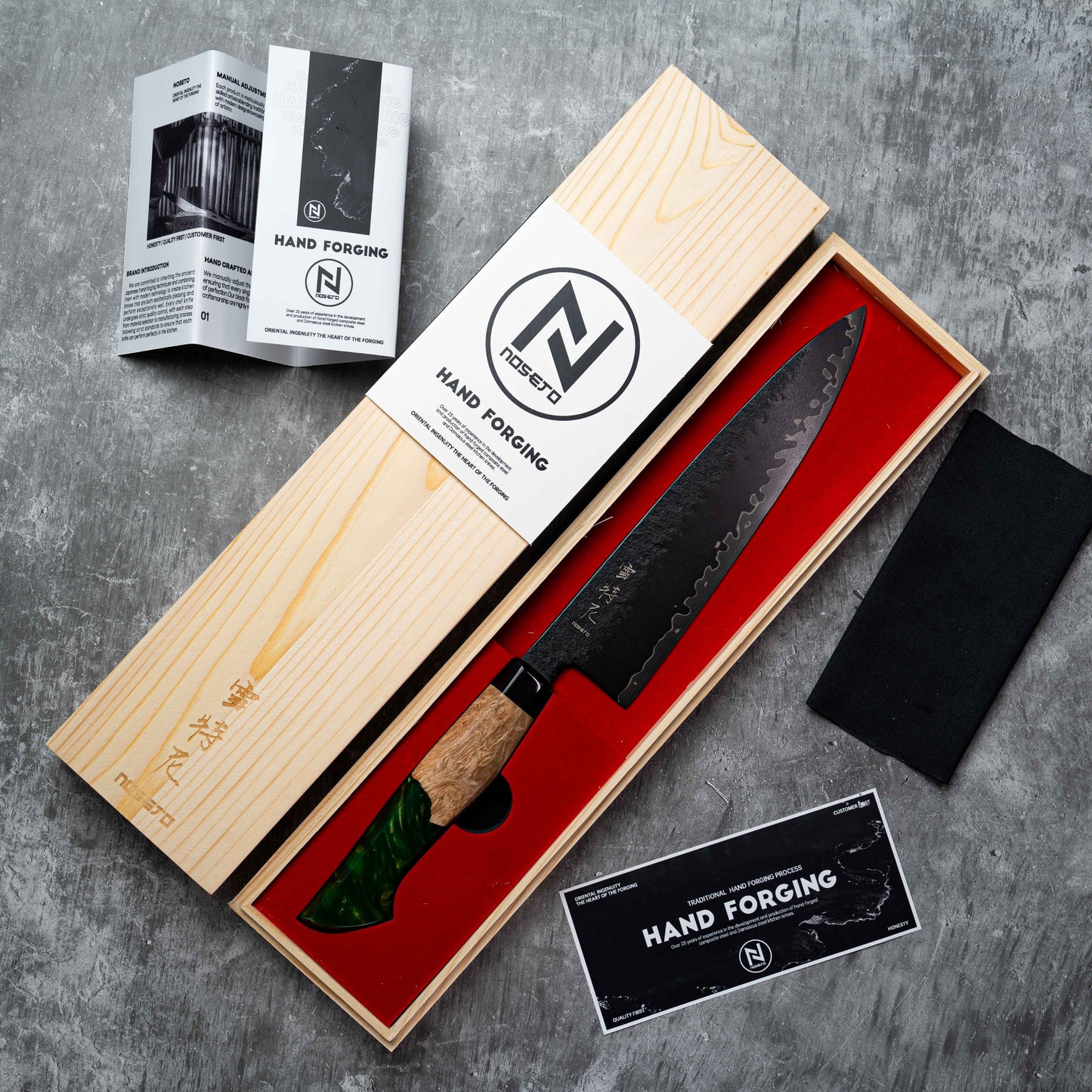 Noseto Arai Gyuto 210mm 3层黑色染色MD606粉末钢芯,带树脂和稳定木材