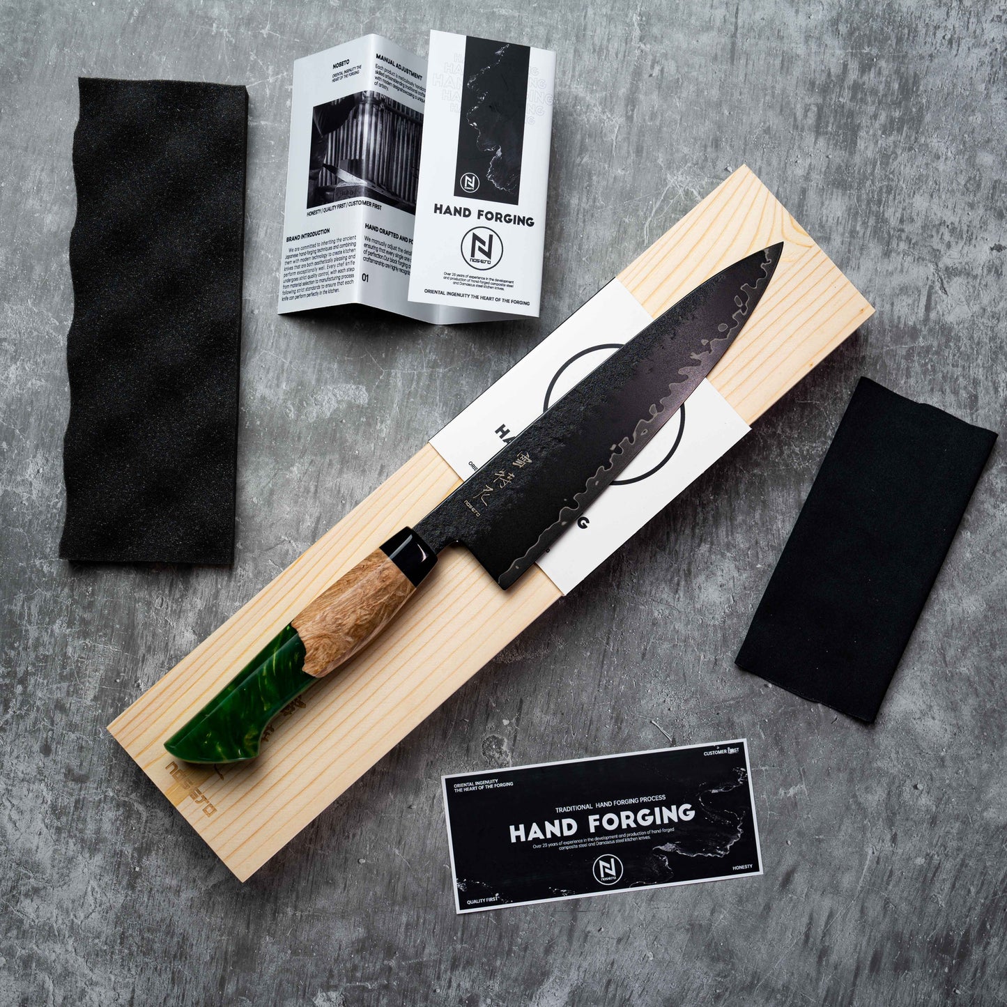 Noseto Arai Gyuto 210mm 3层黑色染色MD606粉末钢芯,带树脂和稳定木材
