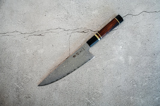Couteau Noseto Kaji Gyuto 210 mm, Damas, noyau en acier VG-10, 67 couches, cornes de buffle, bois de fer