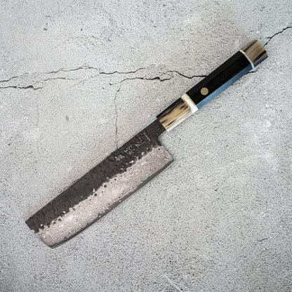 Noseto Vg10 67层大马士革Tsuchime饰面Nakiri 180毫米白色水牛角乌木