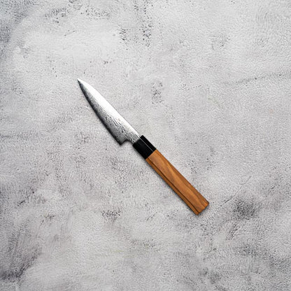 Couteau à éplucher Noseto Nato 105 mm 67 couches Damas avec bois d'olivier et corne de buffle