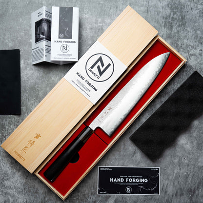 Noseto Ginro Gyuto 240mm 银色锻造 S35Vn 粉末钢，带水牛角和乌木手柄