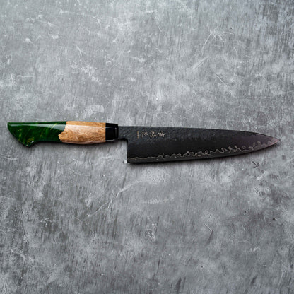Noseto Arai Gyuto 210mm 3层黑色染色MD606粉末钢芯，带树脂和稳定木材